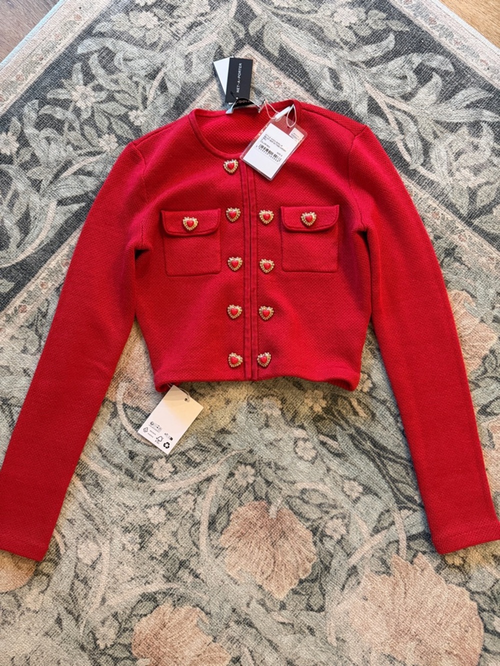 Self-Portrait Red Cropped Knit Jacket with Heart Buttons